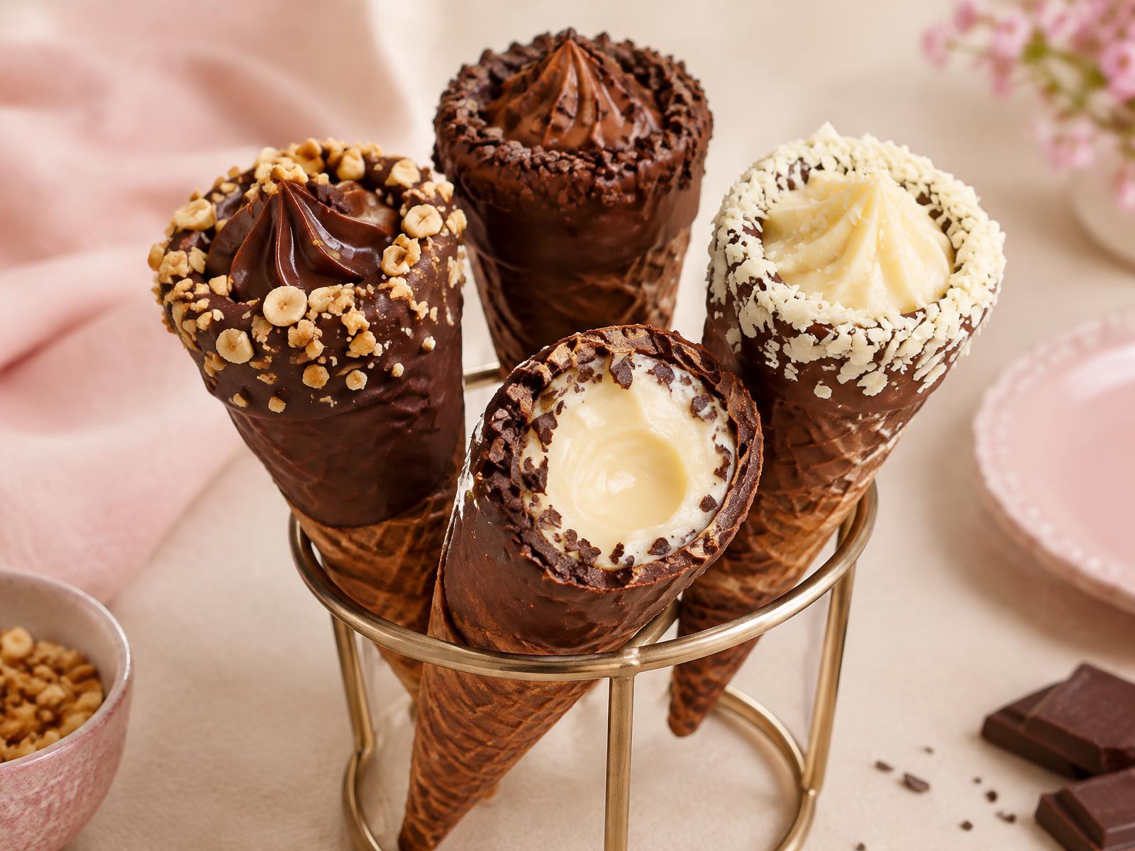 Cones trufados cobertos de chocolate com recheios cremosos (foto ilustrativa)